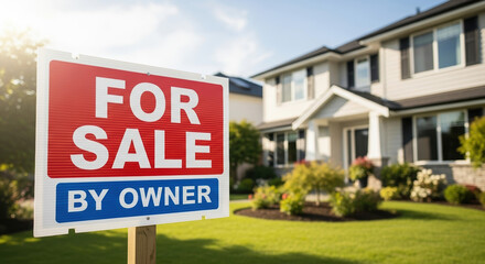 For sale by owner sign stands in front of residential home during daylight. For sale by owner includes freshly cut grass and well maintained landscaping.