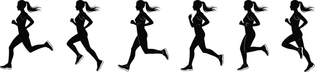 Female runner silhouettes, jogging in motion, athletic woman exercising, fitness activity concept, workout pose collection,.eps