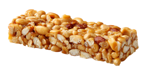 Rectangular granola bar with visible peanuts and rolled buckwheat isolated on a transparent background