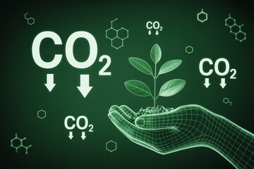 Digital eco hand holding plant co2 reduction carbon neutral environment sustainability technology concept.