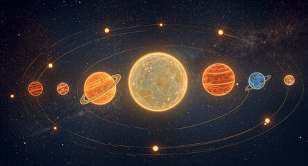 Vibrant Conceptual Solar System with Planets Orbiting a Glowing Sun Amidst a Starry Cosmic Background