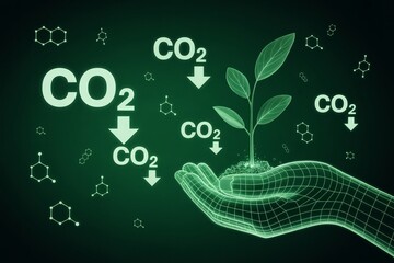 Digital eco hand holding plant co2 reduction carbon neutral environment sustainability technology concept.