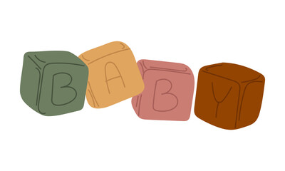 Children's toy Wooden blocks with letters. Word baby. Flat color isolated illustration. Toy for babies, develops fine motor skills. Cute illustration of children's toys. Product for child development
