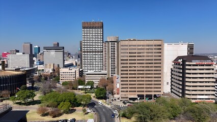 Johannesburg Skyline In Johannesburg Gauteng South Africa. Amazing Skysrapers And Traffic On Street...