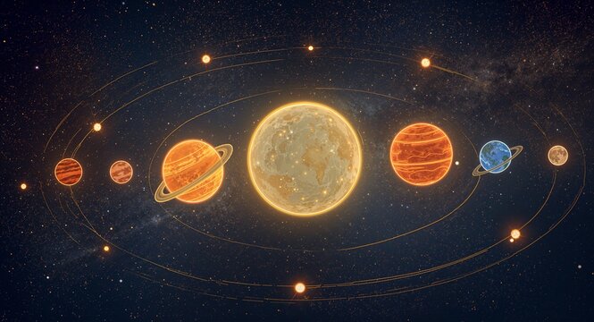 Vibrant Conceptual Solar System with Planets Orbiting a Glowing Sun Amidst a Starry Cosmic Background