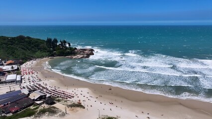 Joaquina Beach In Florianopolis Santa Catarina Brazil. Stunning Tropical Coastline Beach Scene Viewed From Above. Deserted Skyline Heaven Amazing. Heaven Waterfront Shore.