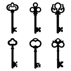 Collection of Antique Keys Silhouettes Isolated on White Background for Design Elements
