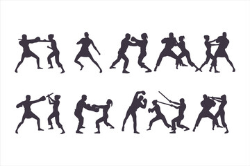 Set of man and woman fighting silhouettes. Martial arts and self-defense combat icons for a training manual, poster, or security concept.