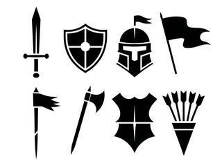 Collection of medieval warrior equipment silhouettes isolated on white background