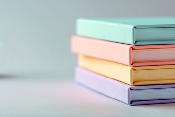 Stack of pastel-colored hardcover books on light background, minimalistic educational and stationery concept for back to school, reading, study, organization, or journaling