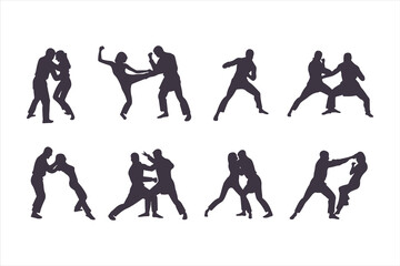 Set of man and woman fighting silhouettes. Martial arts and self-defense combat icons for a training manual, poster, or security concept.