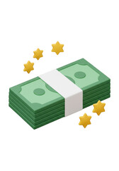 Stack of green banknotes tied with a white band surrounded by golden stars isolated on transparent background