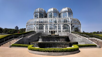Botany Garden In Curitiba Parana Brazil. Bird Eye View Of Stunning Iconic Recreational Park Of The City. Town Sky Backgrounds Urban. Town Outdoor Panning Wide. Curitiba Parana.