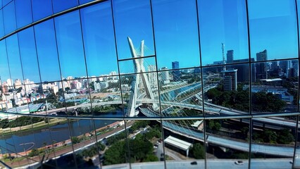 Cable Bridge In Downtown Sao Paulo Brazil. Cars Driving Towards Downtown City On The Famous Bridge....