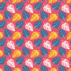Fototapeta premium pattern of colorful, tropical leaves illustrated on a hot pink background