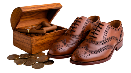 Leather shoes next to cigar box and old coins, vintage collector theme, white background,