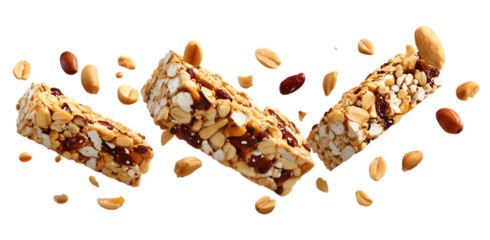 Pieces of granola bar with peanuts falling through the air isolated on a transparent background