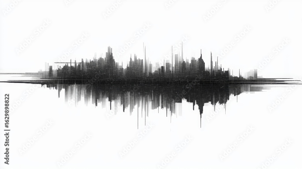 Poster abstract cityscape landscape with distorted silhouette and reflection effect in glitch art style