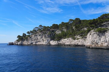 View of the Calanques de Cassis, a national park of limestone cliffs over the Mediterranean Sea near Marseilles, France