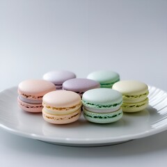 Fototapeta premium Pastel-colored macarons artfully arranged on a white ceramic plate, ready to enjoy.