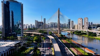 Freeway Road In Downtown Sao Paulo Brazil. Breathtaking Aerial View Of Time Lapse Drone Footage....