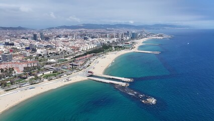Barceloneta Beach In Barcelona Catalonia Spain. Modern City Center With Skyscrapers Reflecting The Urban Life. Shore Horizon Beach Sea. Outdoors Beach Panorama. Barcelona Catalonia.