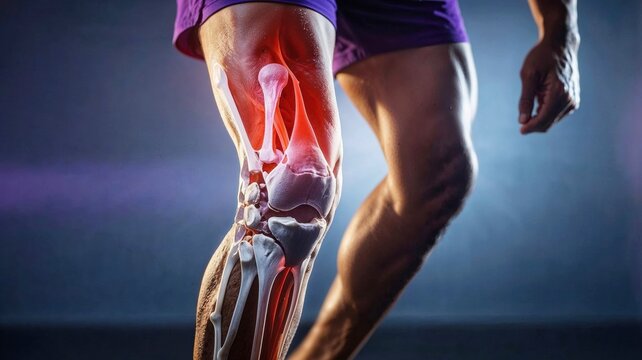 A person's knee joint with a digital overlay highlighting the bone structure and a red glow, representing pain, injury, or medical conditions in sports and health - Powered by Adobe