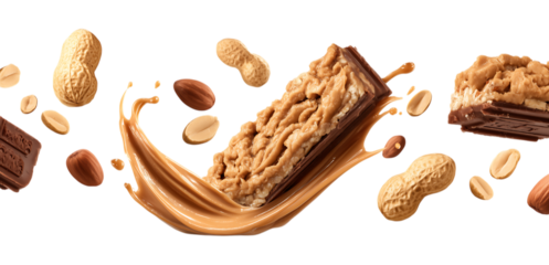 Crispy pieces of granola bar with peanuts, floating in the air isolated on a transparent background