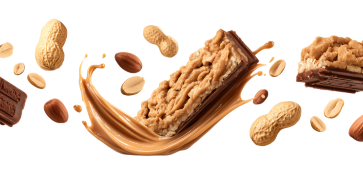 Crispy pieces of granola bar with peanuts, floating in the air isolated on a transparent background