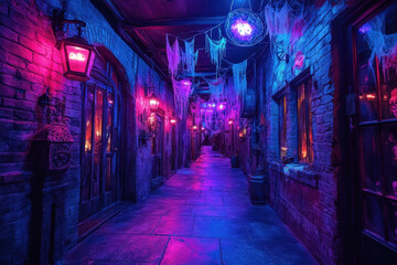Naklejka premium Purple light illuminates a shadowy alley.