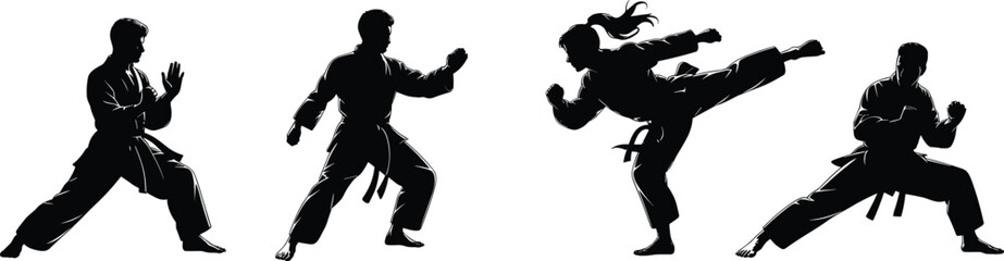 Karate martial arts silhouette of male and female fighters practicing kick, punch, block, combat stance, black belt.eps