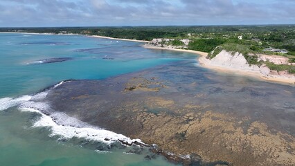 Espelho Beach In Porto Seguro Bahia Brazil. Stunning Tropical Coastline Beach Scene Viewed From Above. Deserted Skyline Idyllic Beauty. Deserted Waterfront Shore. Porto Seguro Bahia.