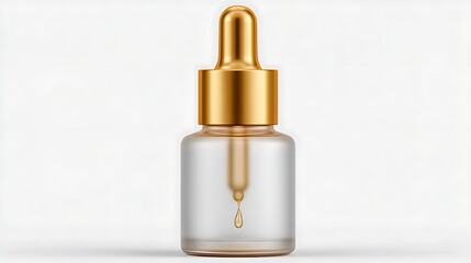 Naklejka premium Elegant Serum Bottle with Golden Dropper Droplet Against a White Background.