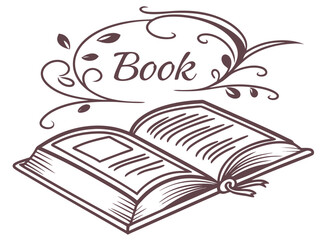 Elegant open book illustration, perfect for book-themed design projects. This stylized, hand-drawn illustration depicts an open book with ornate decorative flourishes.