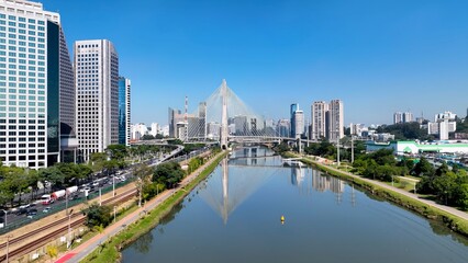 Cable Bridge In Downtown Sao Paulo Brazil. Cars Driving Towards Downtown City On The Famous Bridge....