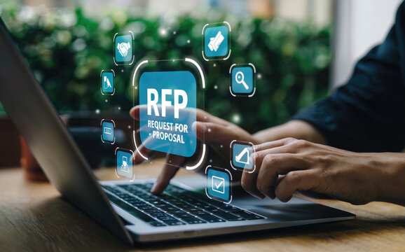 RFP Request for Proposal concept with person using laptop for business communication and project work