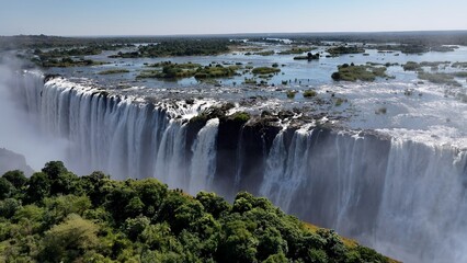 Wild Water Falls In Victoria Falls Matabeleland North Zimbabwe. Stunning Waterfalls Flowing In...