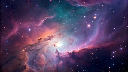 Fototapeta premium A vibrant cosmic nebula glows with rich purple and blue colors, displaying numerous twinkling stars across the immense dark space.