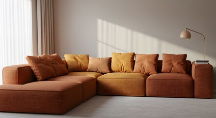 A sectional sofa with pillows and a floor lamp in a brightly lit living room space indoors