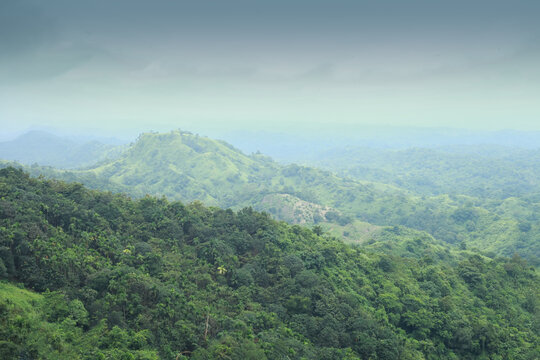 Sitakund, Bangladesh - 04 March 2019: View of verdant Sitakund hills, where lush green canopies meet the misty horizon under a soft, diffused sky.