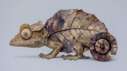Obraz premium Exquisite LeafTailed Gecko Camouflaged as a Leaf with on a Plain Background.