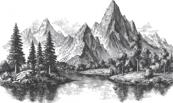 Grayscale mountain landscape with a river and forest