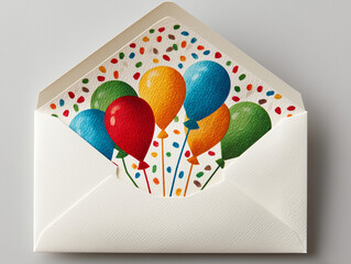 Colorful balloons inside an envelope representing the concept of invitation  