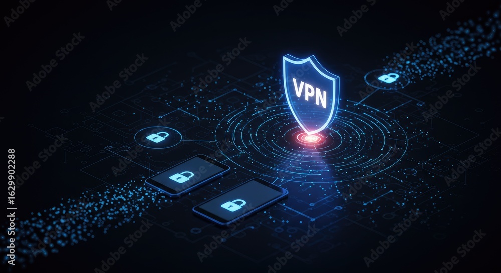 Aufkleber abstract illustration of a modern digital vpn shield in front of multiple smartphones showing high t
