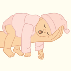 Sleeping baby in pink onesie cradled in hand on soft background  