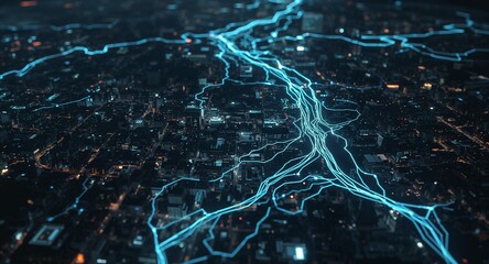 Futuristic Smart City Network with Glowing Blue Data Connections at Night - Abstract Urban Technology Landscape