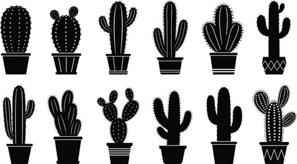 Black cactus silhouette collection in pots, decorative vector illustration of desert plants, isolated clipart set on white background