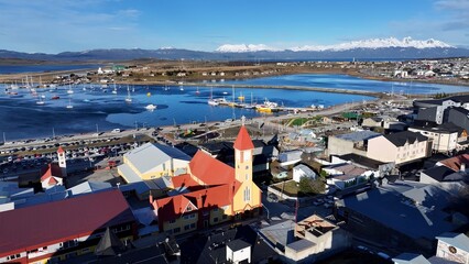Ushuaia Skyline In Ushuaia Tierra Del Fuego Argentina. City Skyline Showing Modern And Traditional...