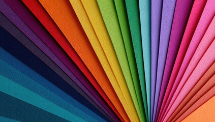 A vibrant array of colorful paper swatches, radiating outwards from a central point, displaying a spectrum of hues