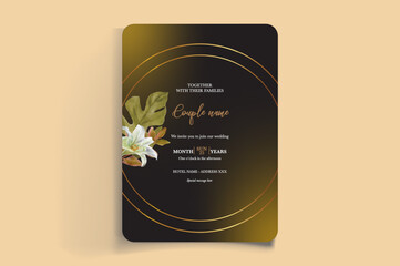 WEDDING INVITATION FRAME WITH FLOWER DECORATIONS AND FRESH LEAVES